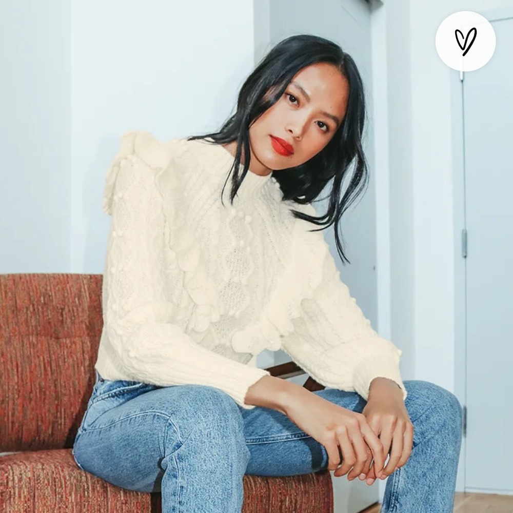Judy Ivory Cable Knit Ruffled Mock Neck Sweater